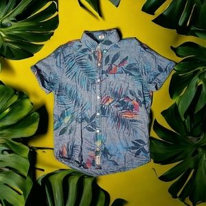 Hollister Linen Tropical Print Cuffed Short Sleeve Button Up Shirt